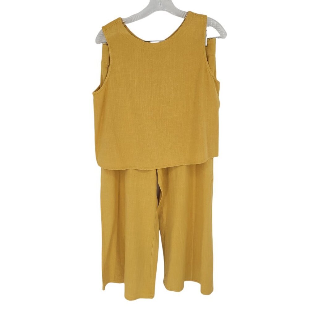Anrabess Medium yellow 2 piece sleeveless tank crop linen blend capris wide leg